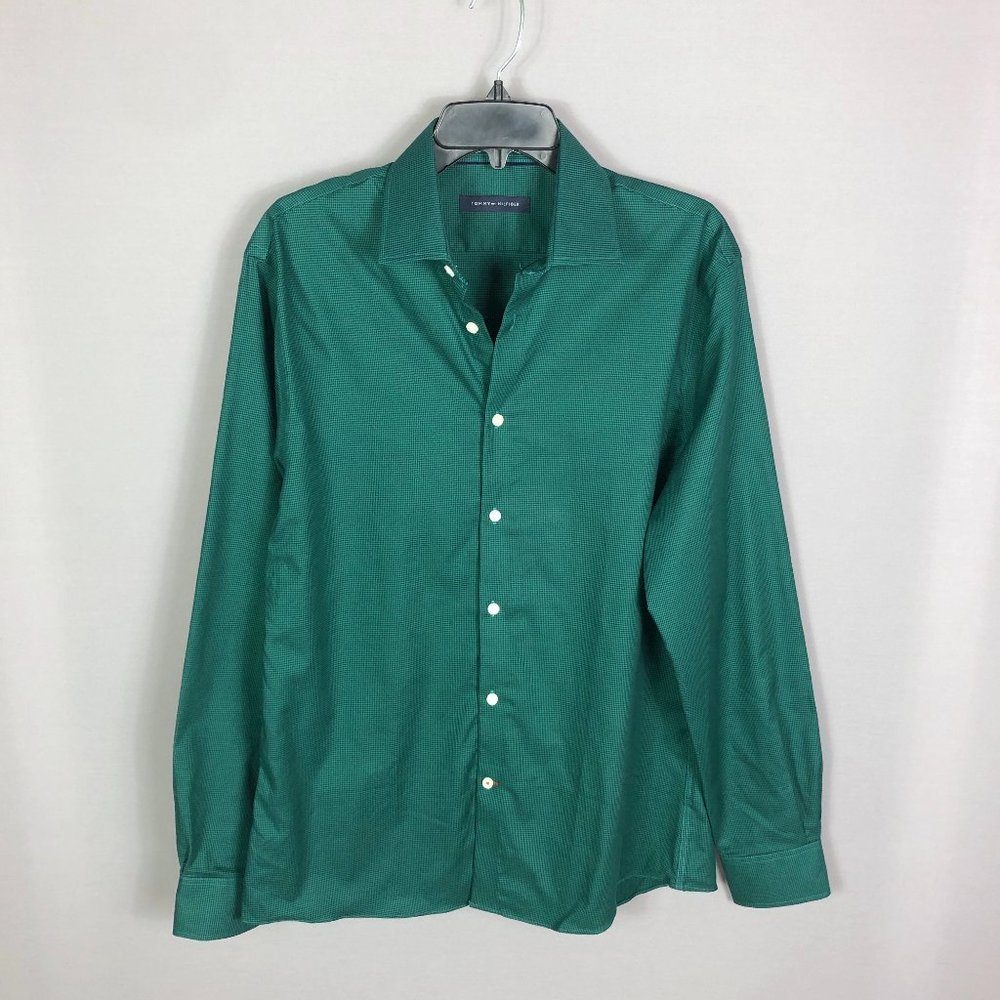 Tommy Hilfiger Green Houndstooth Slim Fit Cotton Dress Shirt Sz 15 (34/3…